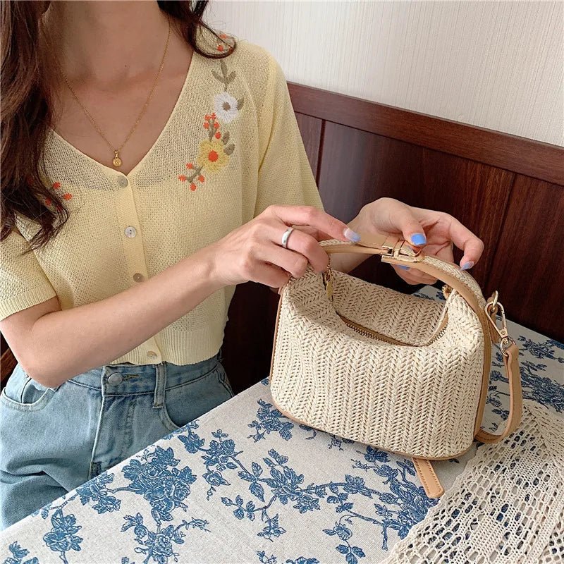 Stilvolle Stroh-Crossbody Tasche mit sicherem Reißverschluss