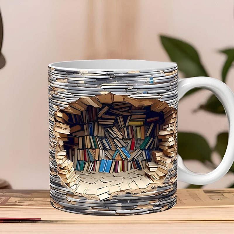 Bücherliebhaber Tasse – 3D Becher mit Bücherregal-Design