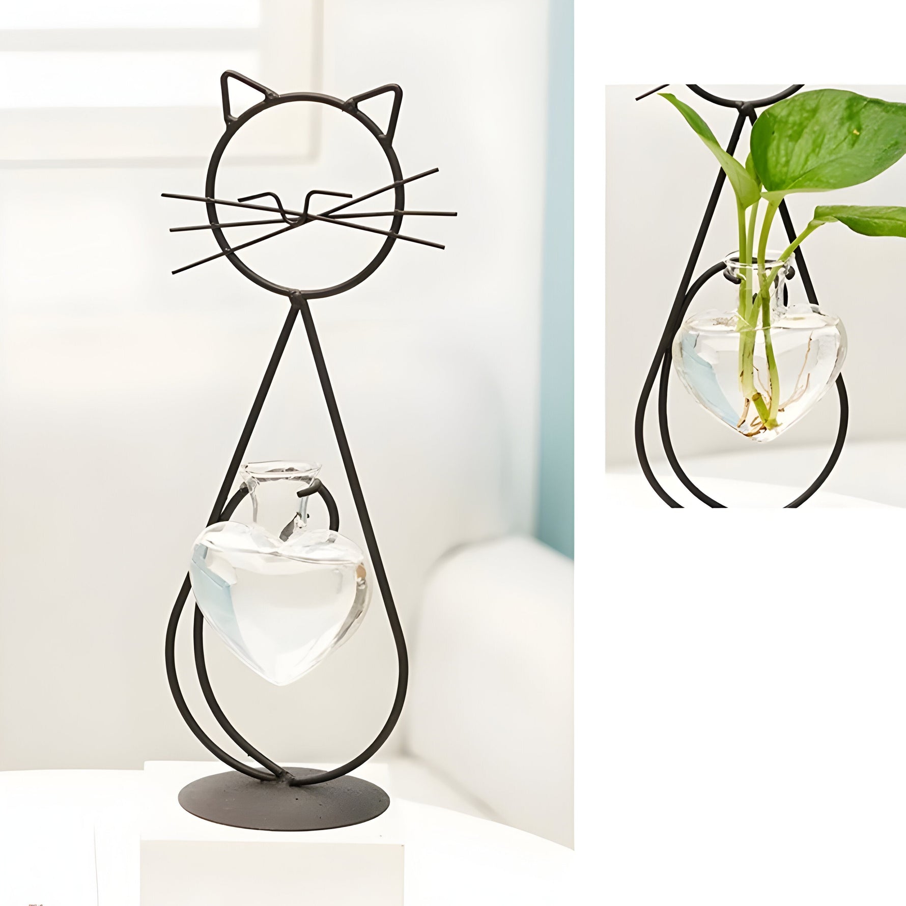 Elegante Herzvase mit Katzenhalter - Hydroponisches Glasdesign