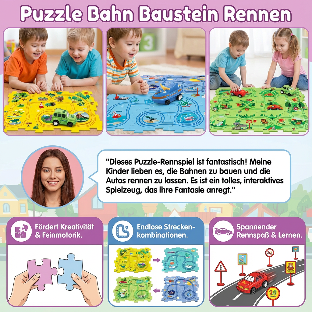 Rennbahn Puzzle mit Bausteinen für Kinder