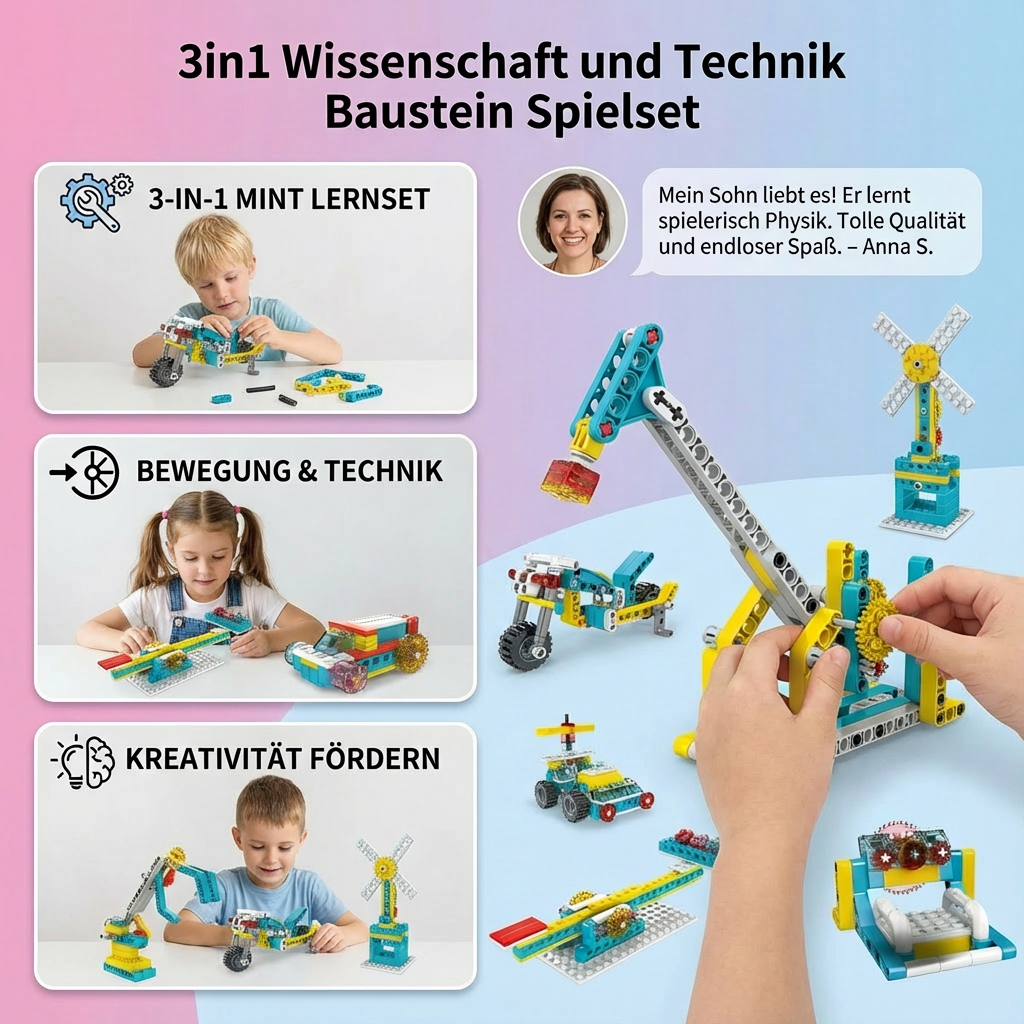 Spielset mit Bausteinen für Wissenschaft und Technik im 3in1-Design
