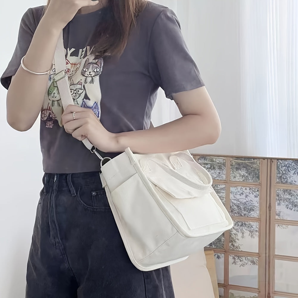 UrbanEase Canvas Umhängetasche – Weiße Schultertasche mit Magnetverschluss und verstellbarem Gurt
