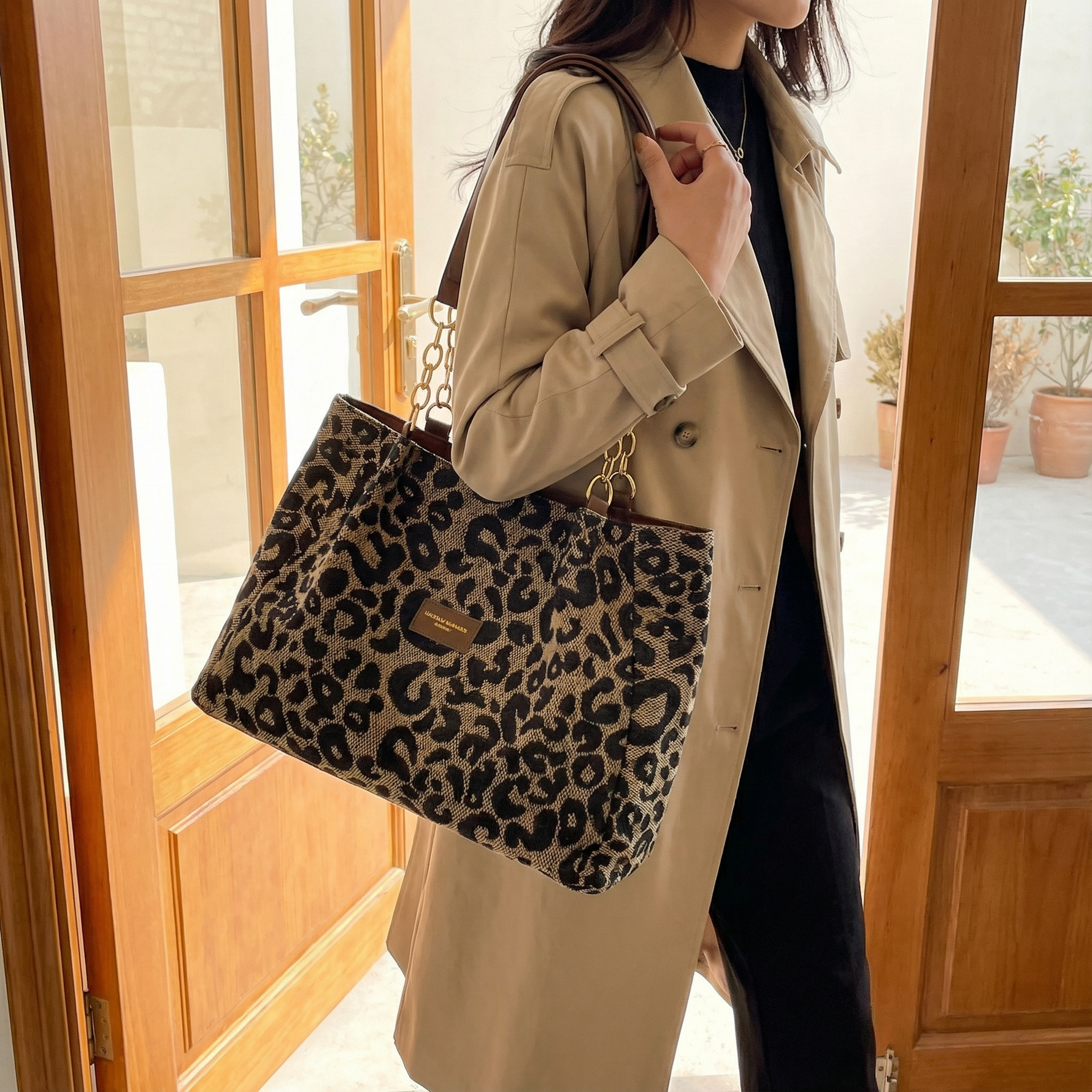 Elegante Leopardentäschchen mit Goldkette
