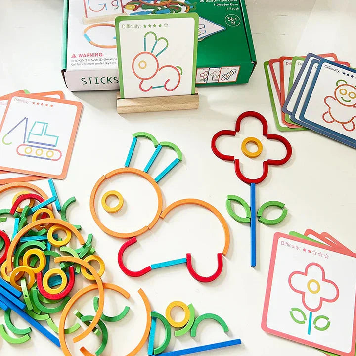 Kreatives Holzbau-Set mit Aufgaben-Karten für Kinder