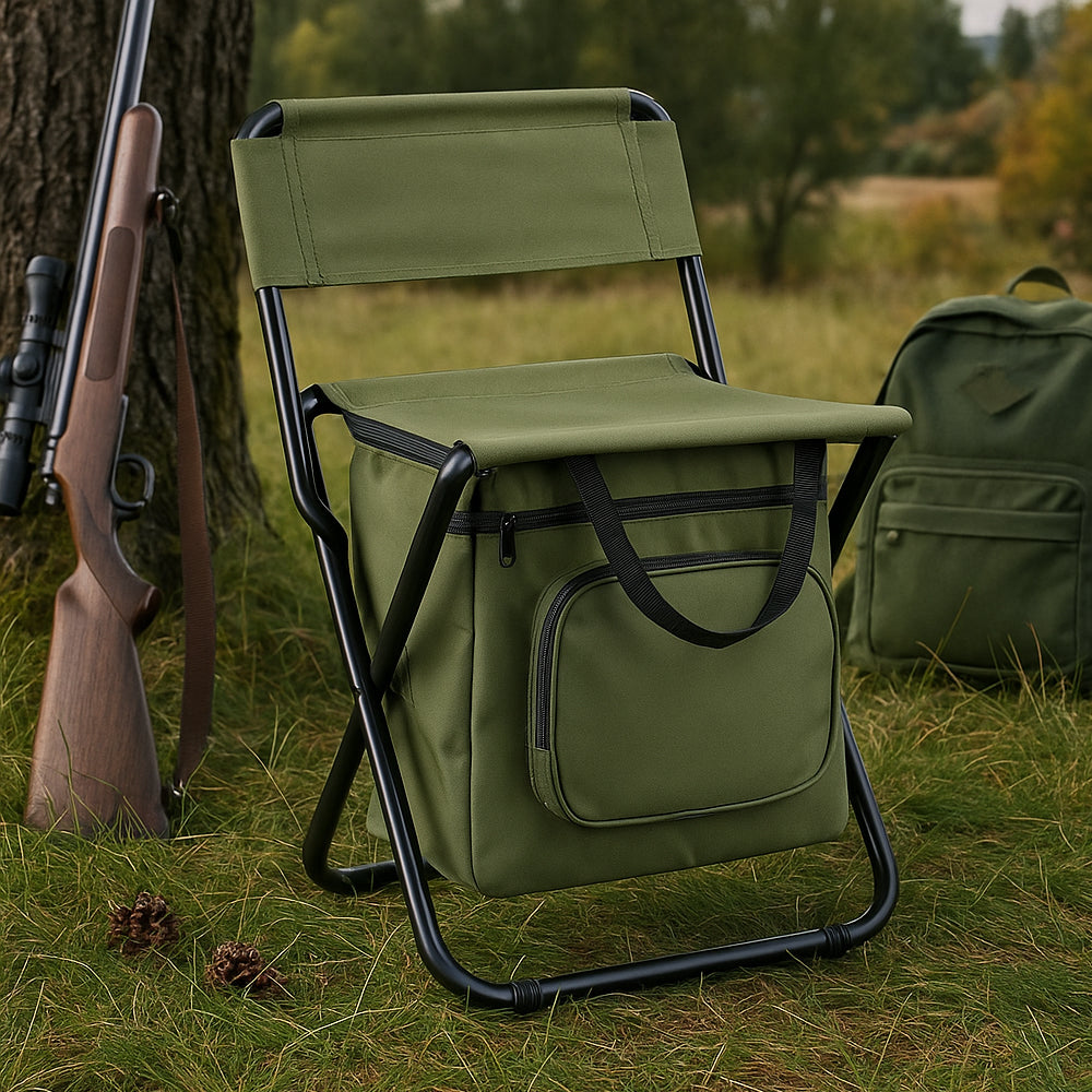 Komfortabler Campingstuhl mit Kühltasche für unterwegs