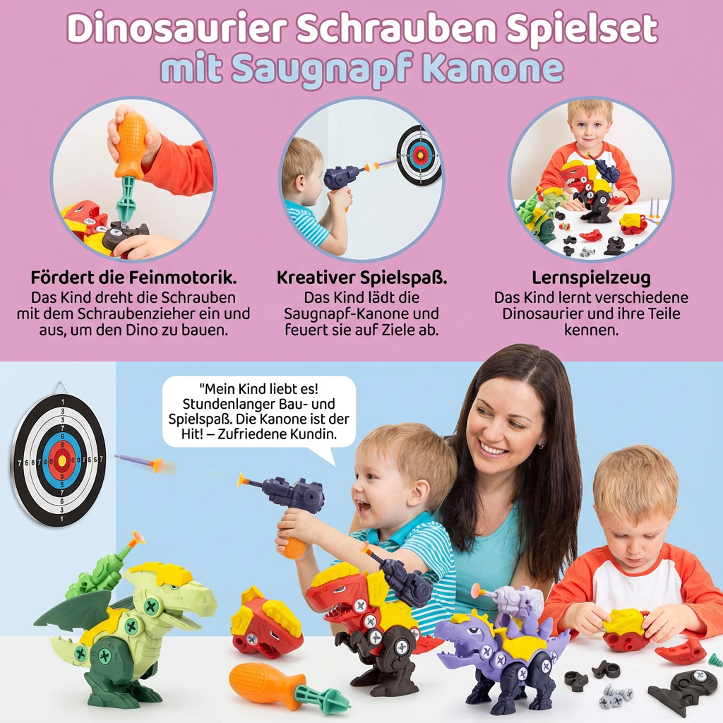 Spielset mit Saugnapfkanone und Dinosaurier-Schrauben