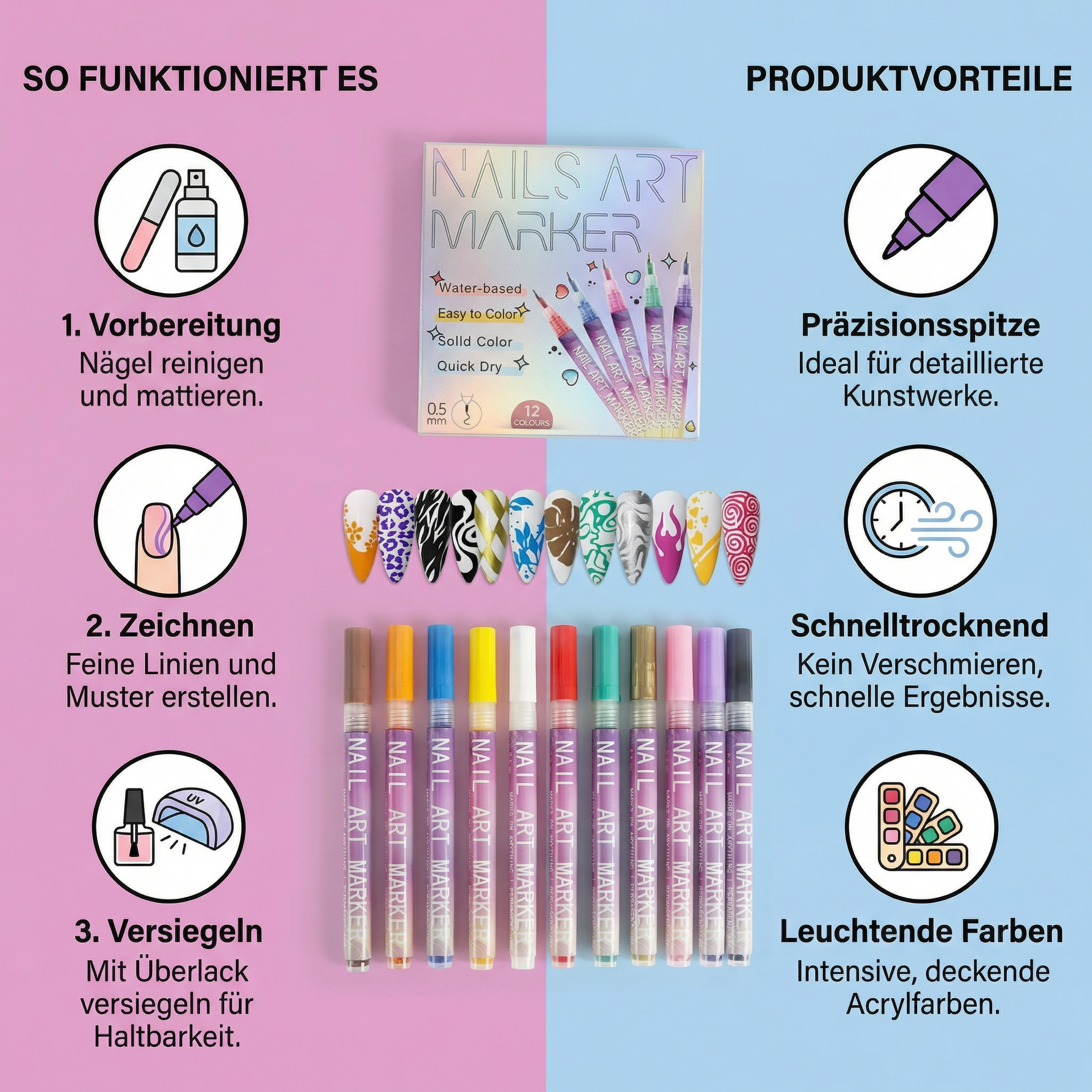 Präzisionsspitzen Nagelkunst Marker Set – Acrylstifte für filigrane Designs