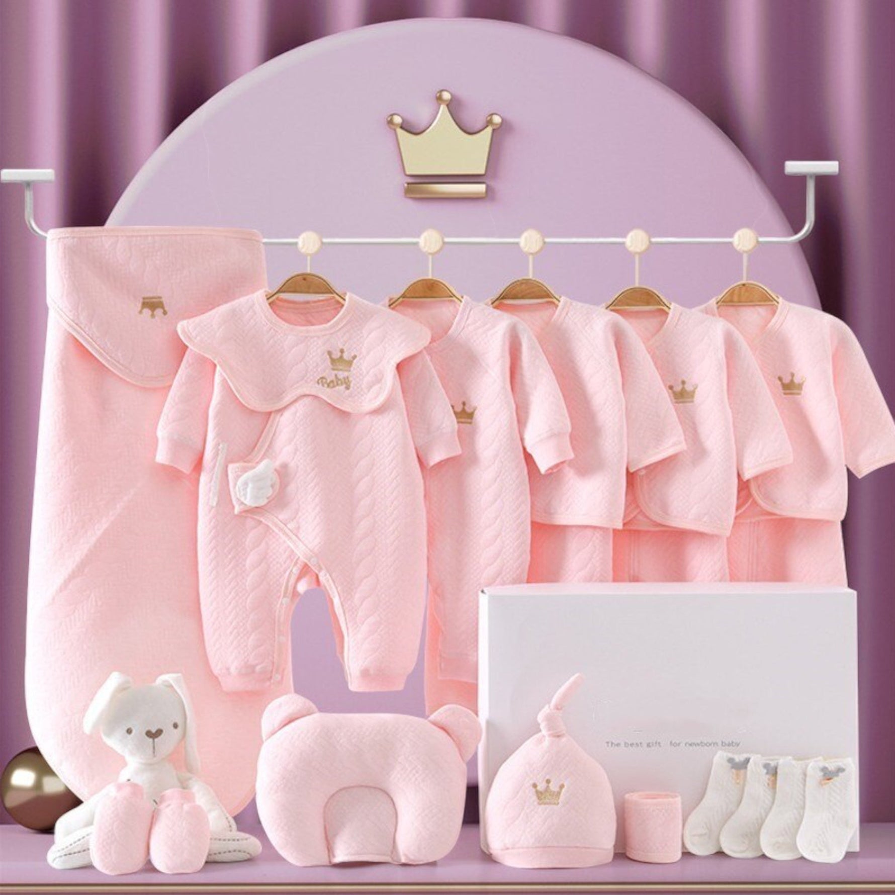 Hochwertiges Baby-Basisset | Elegante Geschenkkiste für Neugeborene | 100% Bio-Baumwolle | Mit Decke, Kleidung & Zubehör | Allergikerfreundlich