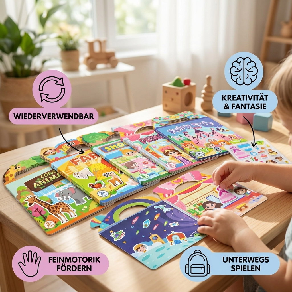 Wiederverwendbare Stickerbücher im Montessori-Stil mit Themenvielfalt