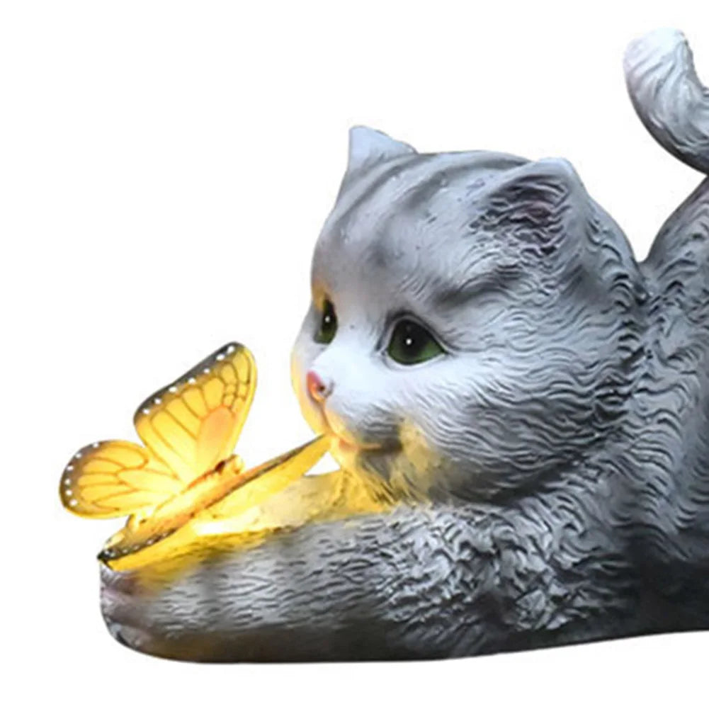 Magische Solar Katzenstatue | Wetterfest | Design mit Schmetterling