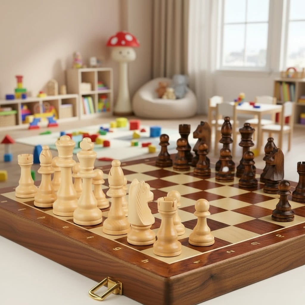 Classic Wooden Chess Set for All Genders with Foldable Walnut Board