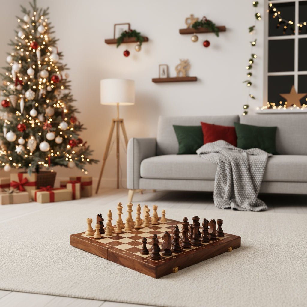 Classic Wooden Chess Set for All Genders with Foldable Walnut Board