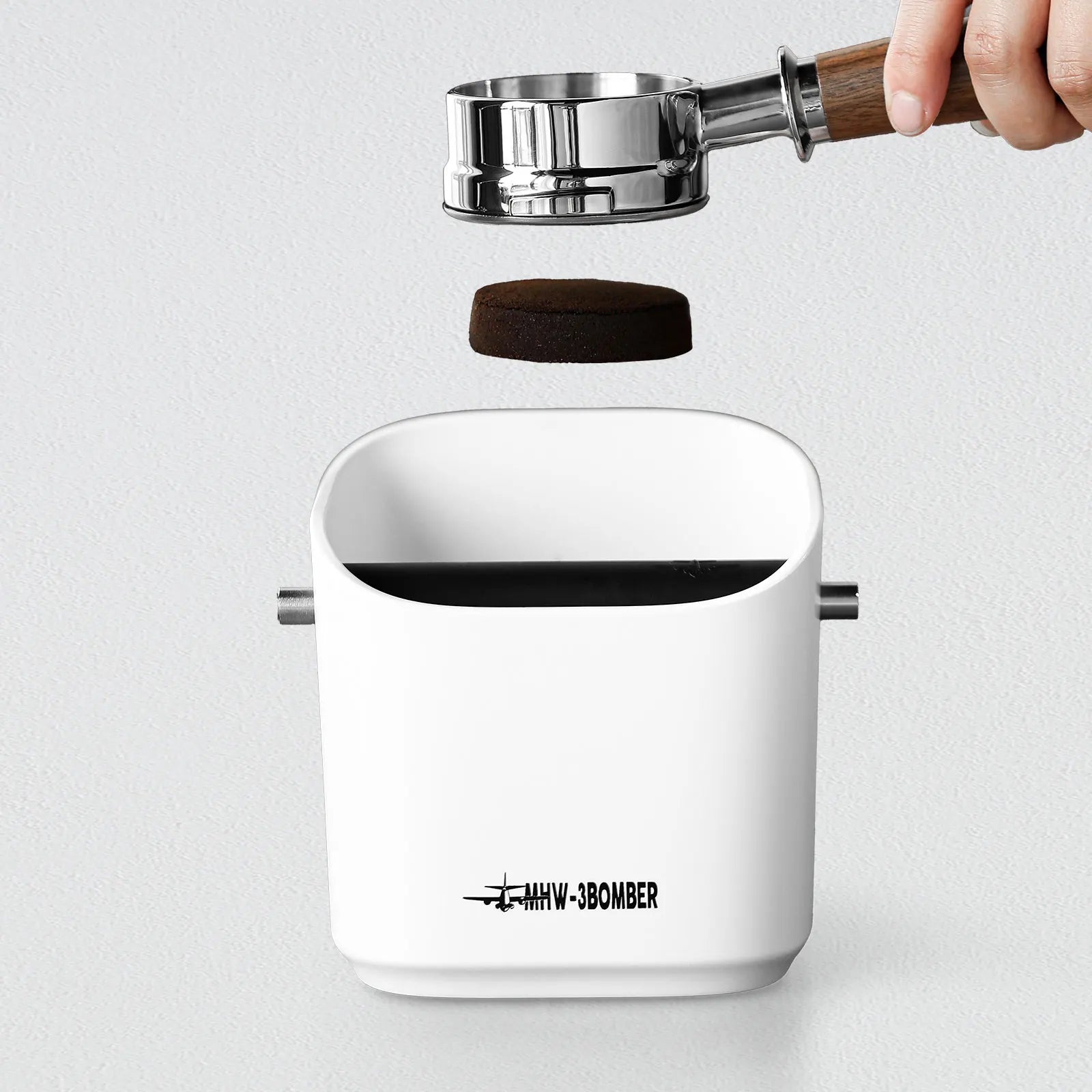 Quadratische Kaffeesatz-Klopfbox mit abnehmbarem Klopfbar und rutschfester Basis