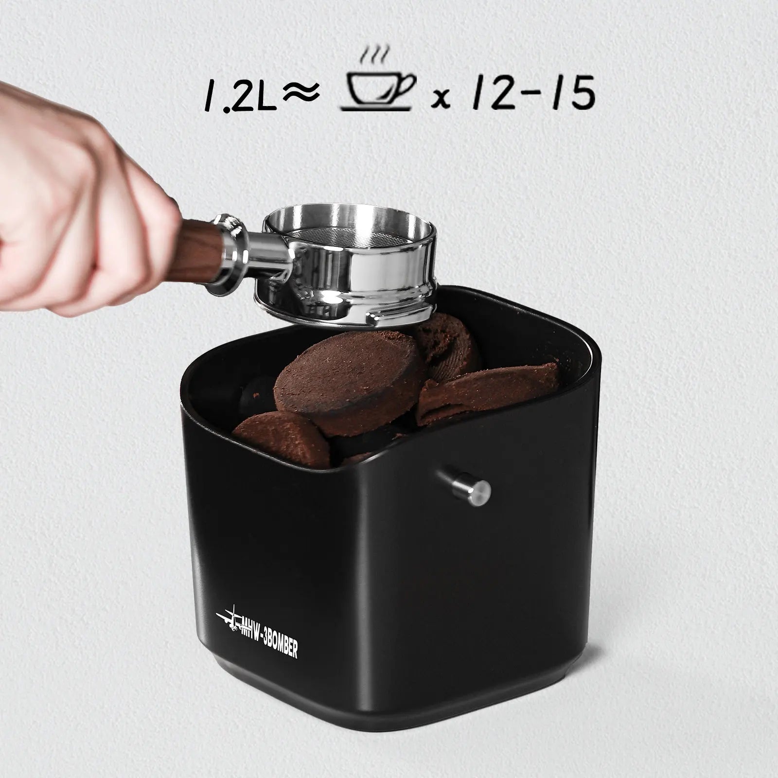 Quadratische Kaffeesatz-Klopfbox mit abnehmbarem Klopfbar und rutschfester Basis