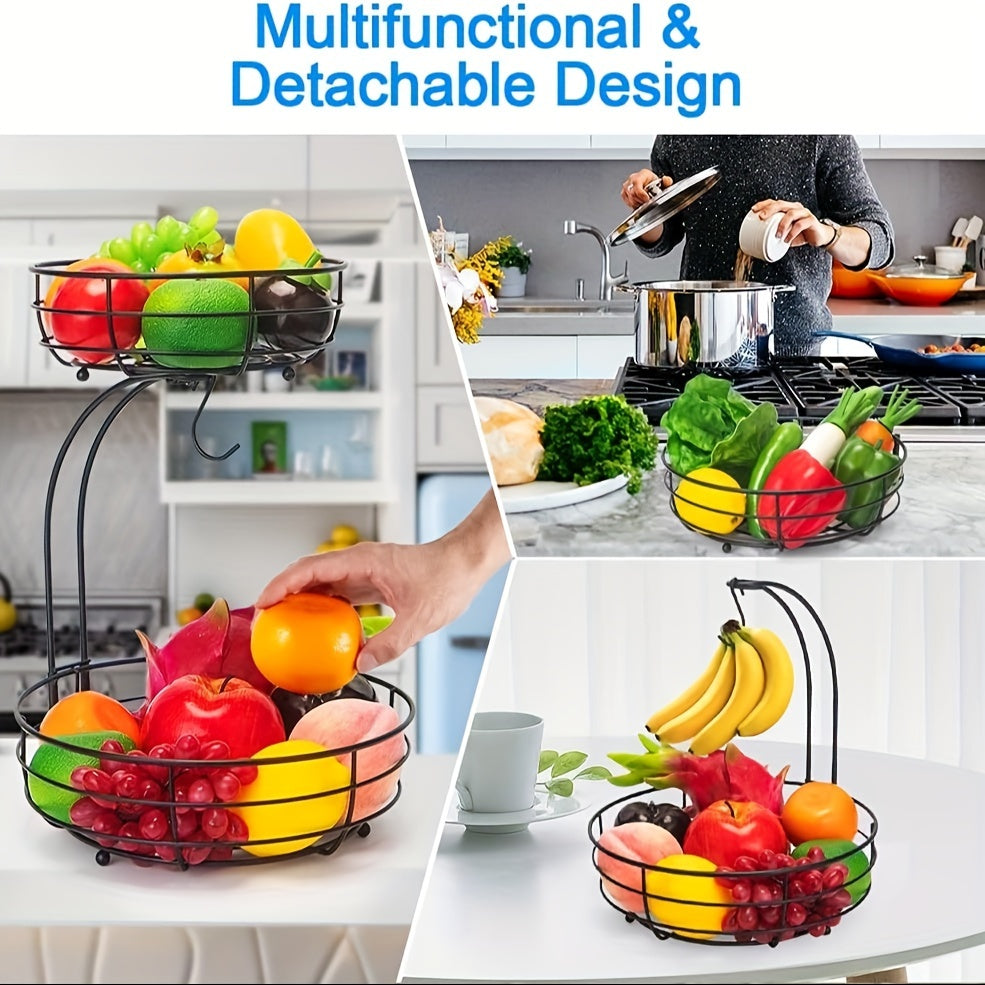 2-lagiger ovaler Obstkorb mit Bananenhalter – Metall Küchenorganizer