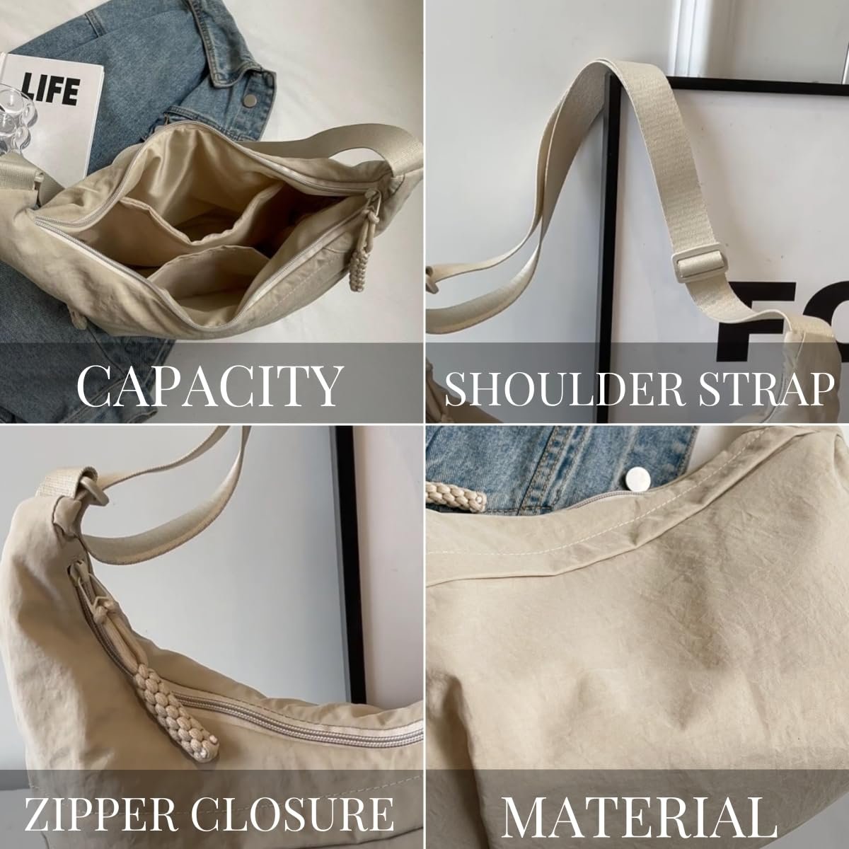 Leichte Schultertasche aus strapazierfähigem Nylon mit intelligenter Fächeraufteilung