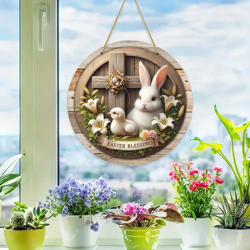 Spring Awakening – Charming Wooden Bunny Sign for Your Door