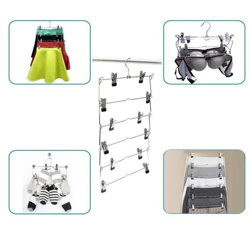 Space-Saving Stainless Steel Trouser Organizer with 12 Clips