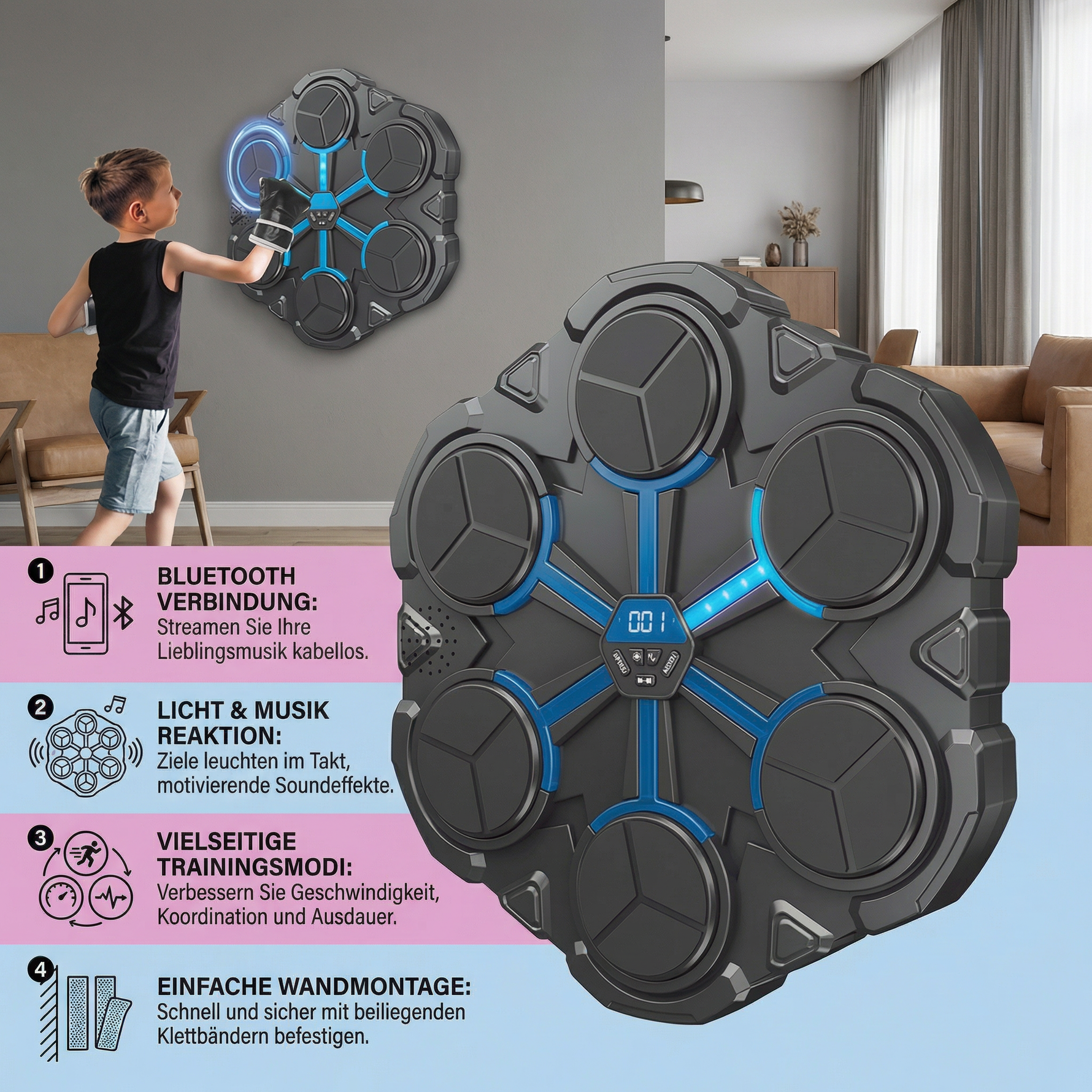 Interaktives Wand-Boxziel mit Licht und Sound – Bluetooth Musiktrainer