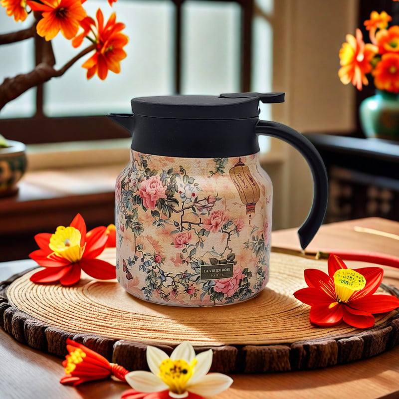Elegante Teekanne mit Blütenmuster – Edelstahlflasche mit integriertem Sieb