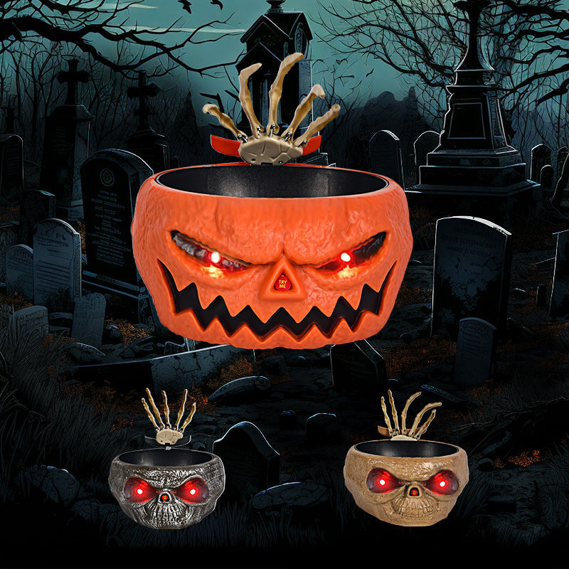 Spooky Snackschale – Kürbis mit Skelettarm und Bewegungssensor