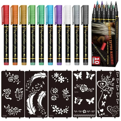 Kreatives Tattoo Marker Set – 10 Farben mit Pinselspitze