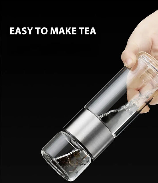 Thermosflasche mit Teefilter – Glas & Holz – Doppelwandig – 500 ml – Klar