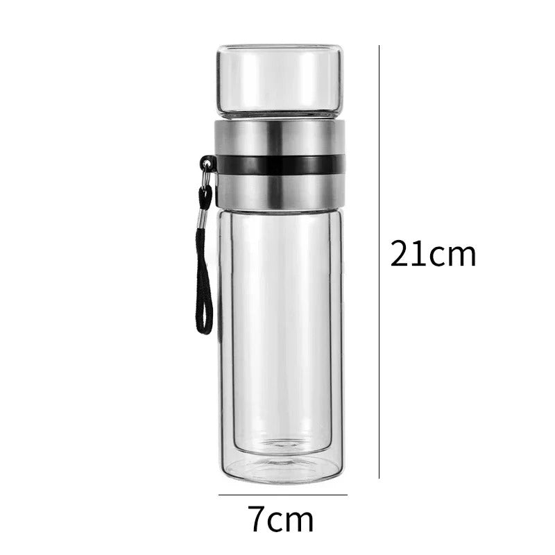 Thermosflasche mit Teefilter – Glas & Holz – Doppelwandig – 500 ml – Klar