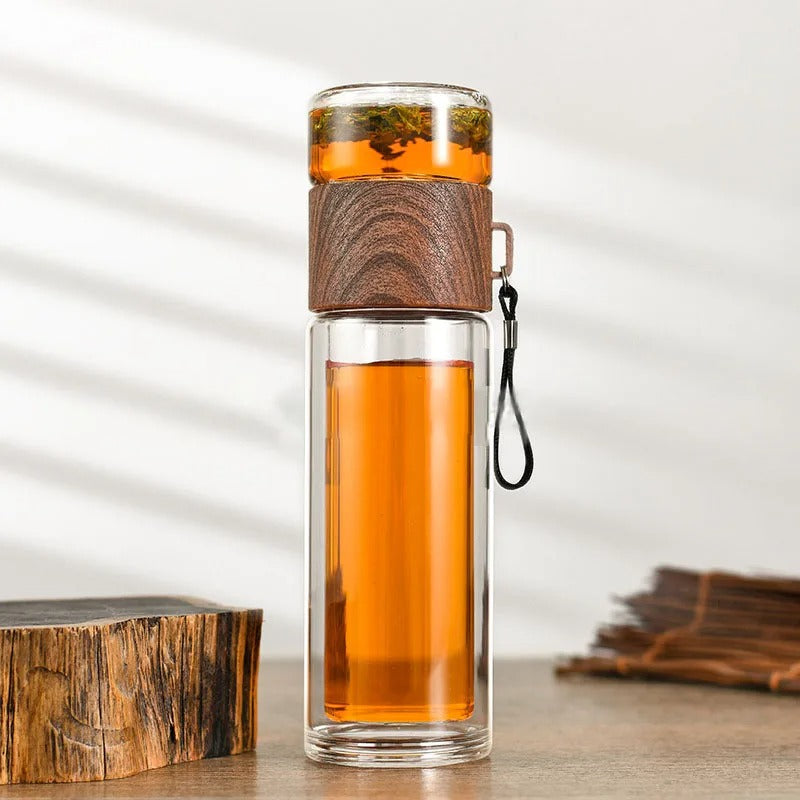 Thermosflasche mit Teefilter – Glas & Holz – Doppelwandig – 500 ml – Klar