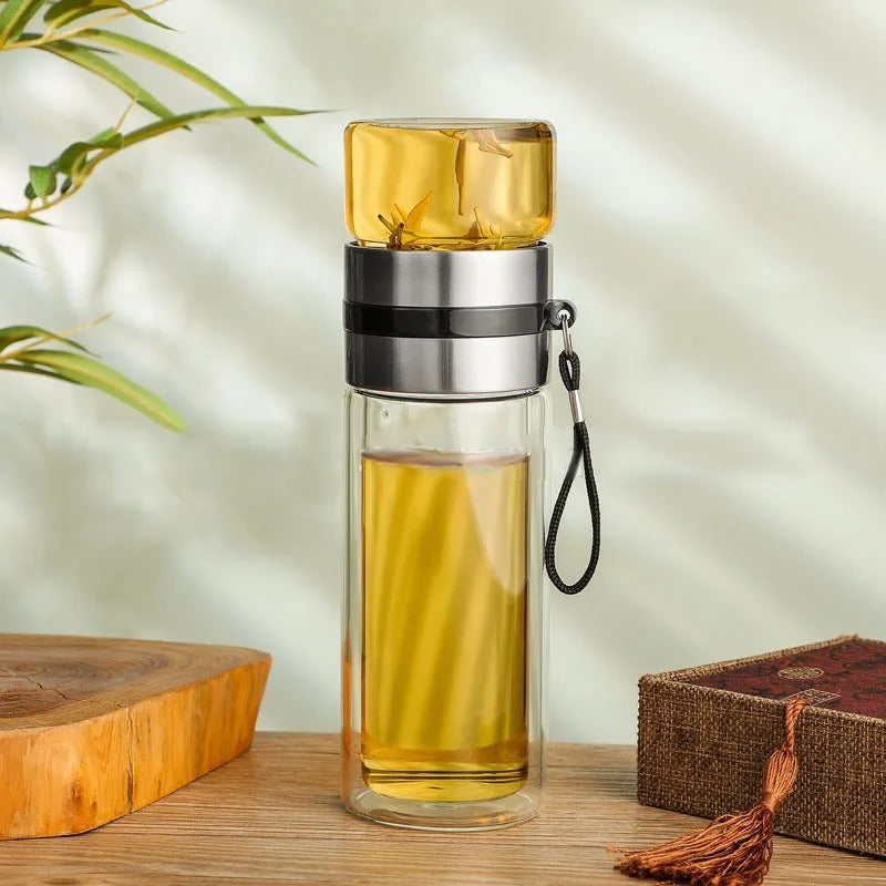 Thermosflasche mit Teefilter – Glas & Holz – Doppelwandig – 500 ml – Klar