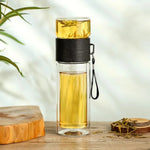 Thermosflasche mit Teefilter – Glas & Holz – Doppelwandig – 500 ml – Klar