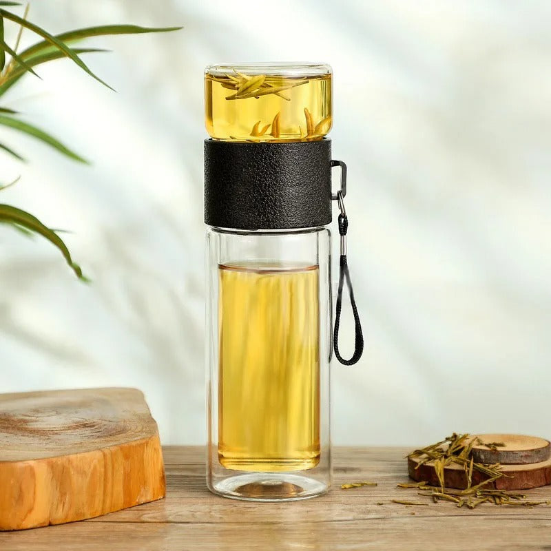 Thermosflasche mit Teefilter – Glas & Holz – Doppelwandig – 500 ml – Klar
