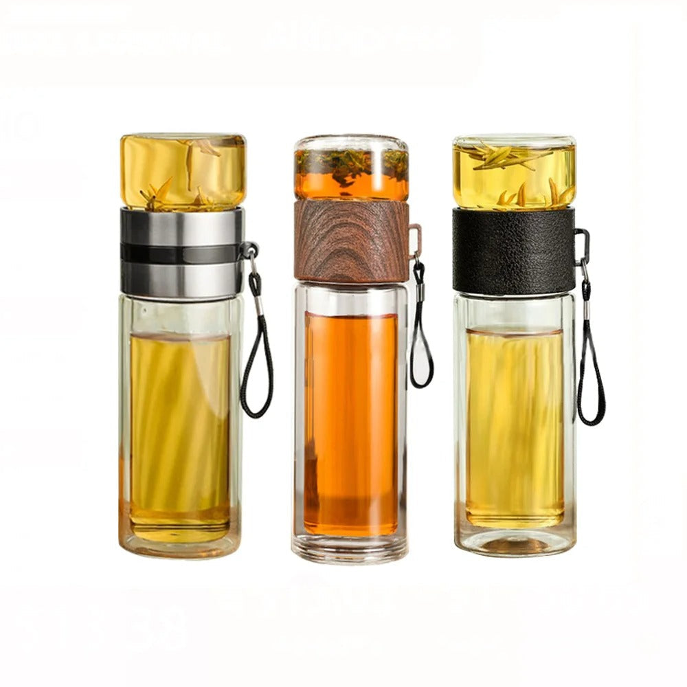 Thermosflasche mit Teefilter – Glas & Holz – Doppelwandig – 500 ml – Klar