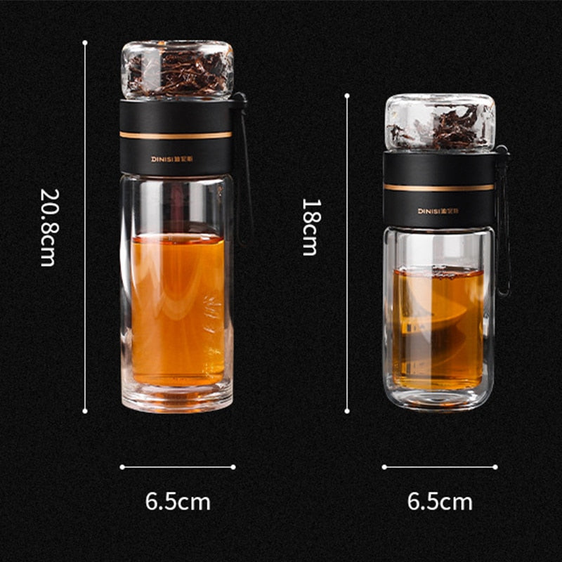 Doppelwandige Glas-Trinkflasche mit Teesieb und Trennbecher
