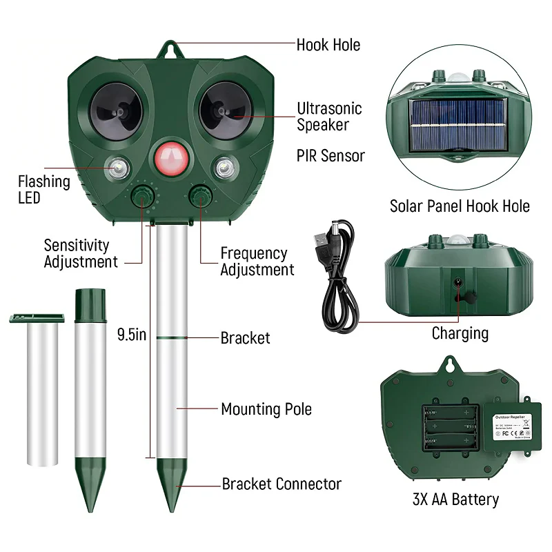 Solarbetriebener Vogelvertreiber mit Ultraschall und LED