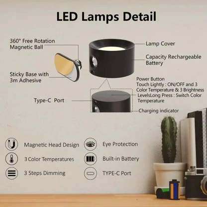 Wiederaufladbare Wandlampe mit 360° Drehung