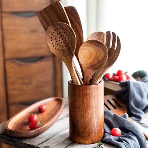 Teak Küchenutensilien Set – 9 Teile mit Halter und Löffelablage