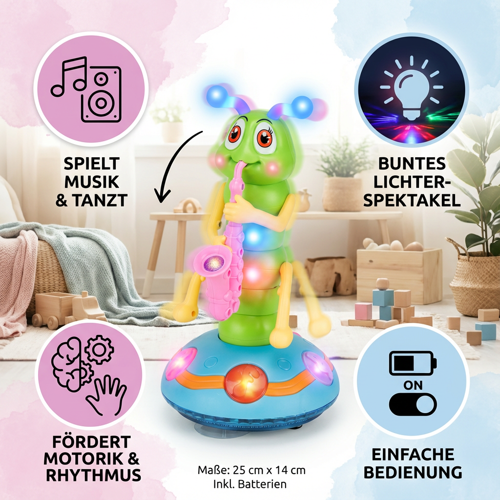 Spielzeug für Kinder: Tänzelnde Raupe mit Saxophon
