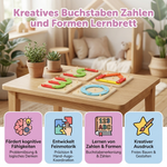 Lernbrett mit kreativen Buchstaben, Zahlen und Formen