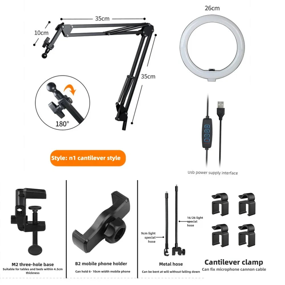 Strahlendes LED-Ringlicht mit flexiblem Arm und Smartphonehalter | 3 Lichtmodi & USB-Betrieb | Ideal für Livestreams, Videos und Selfies