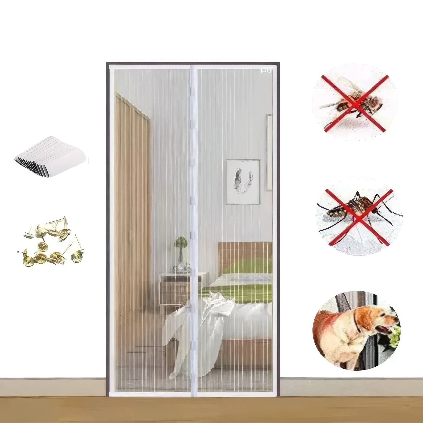 Insect screen for doors with automatic closing mechanism