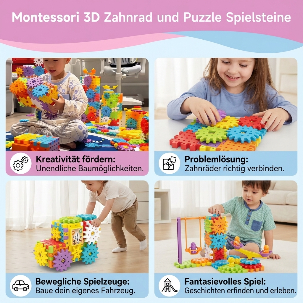 3D Zahnradspiel und Puzzle-Steine nach Montessori-Methode