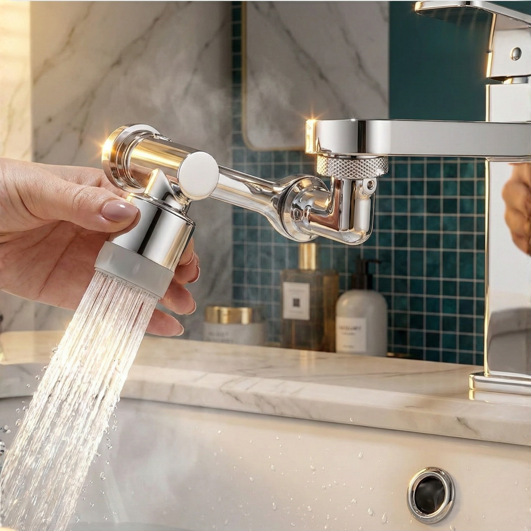 Drehbarer Wasserhahnaufsatz mit 1080° Beweglichkeit und zwei Sprühmodi
