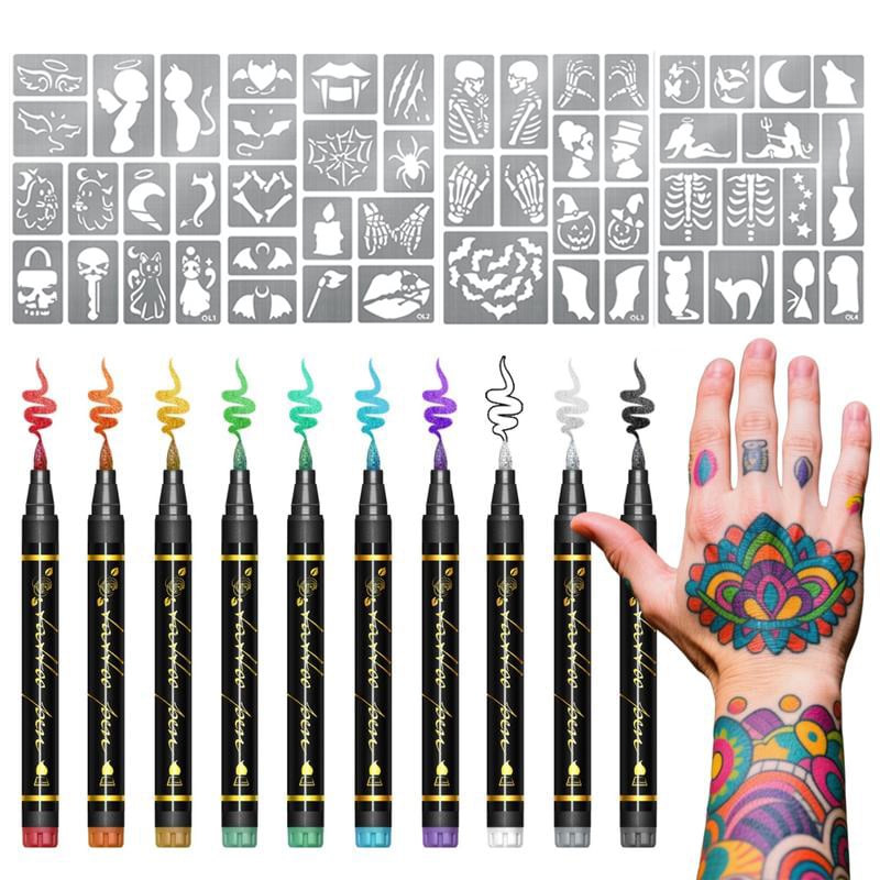 Kreatives Tattoo Marker Set – 10 Farben mit Pinselspitze