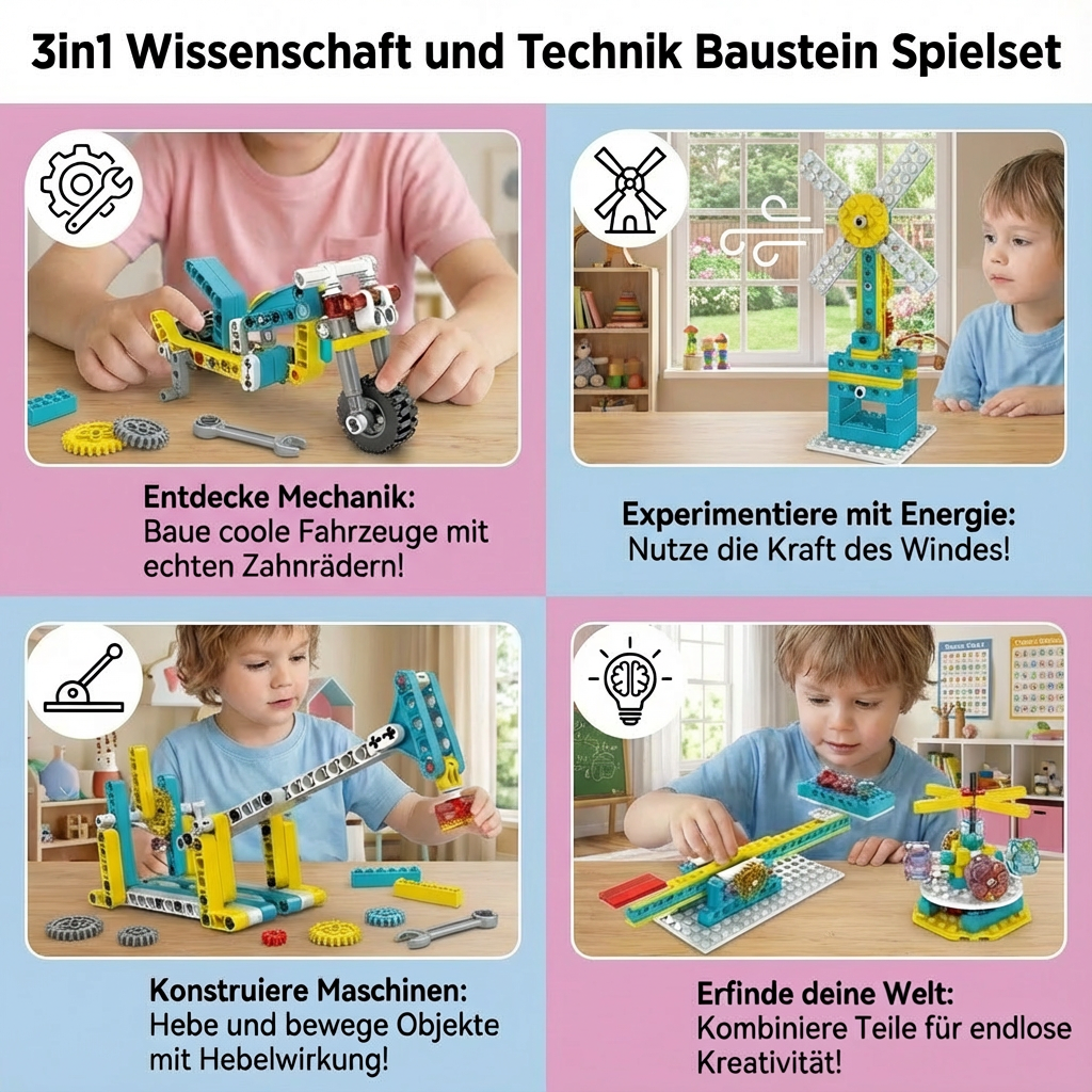 Spielset mit Bausteinen für Wissenschaft und Technik im 3in1-Design