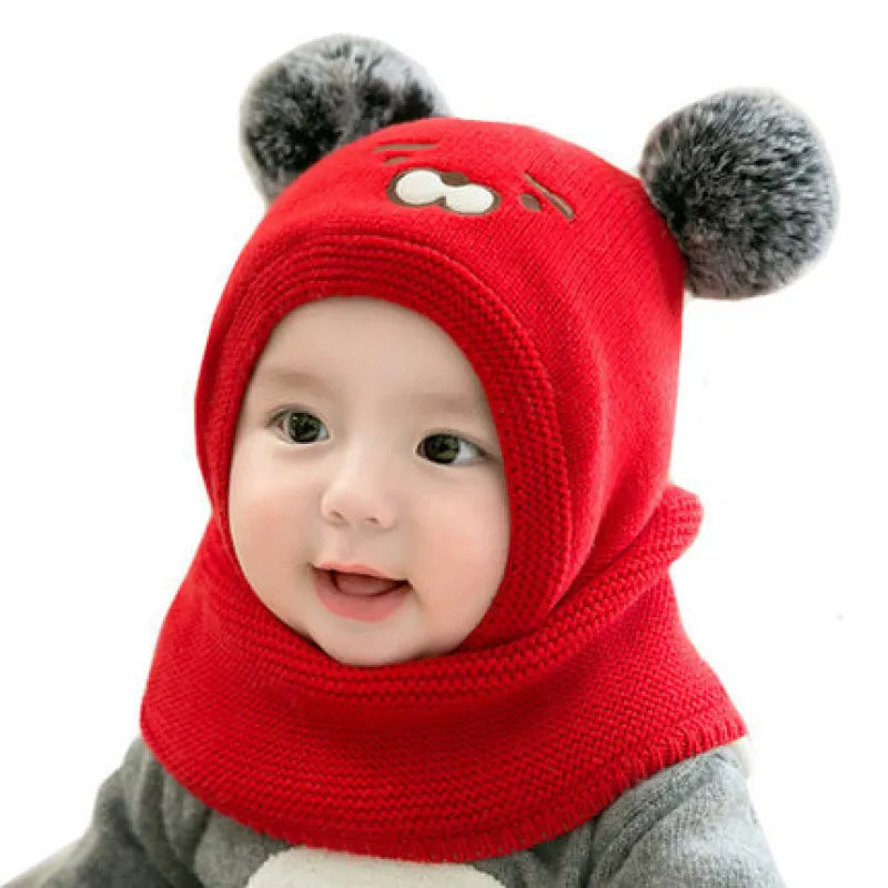 Warme Strickmütze für Babys mit Ohren – Fleecefutter und Tierdesign