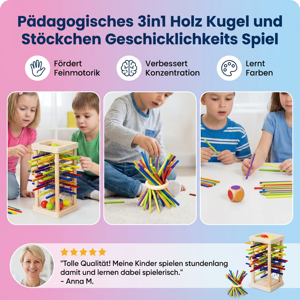 Geschicklichkeitsspiel aus Holz mit 3in1 Kugel und Stäbchen