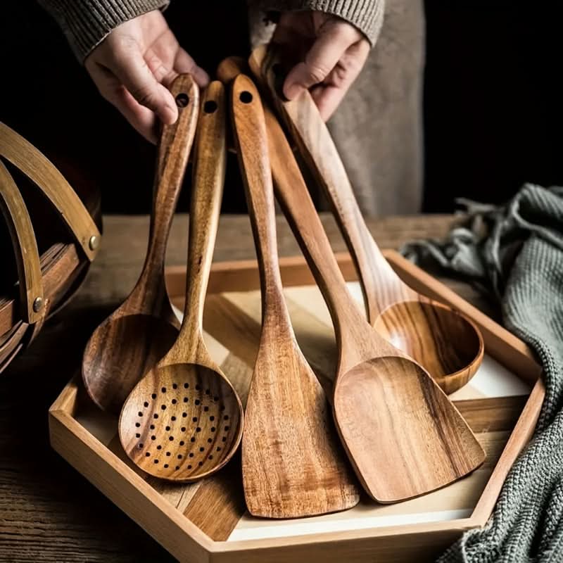 Sustainable Teak Wood Cooking Tools Set for Kitchen Use