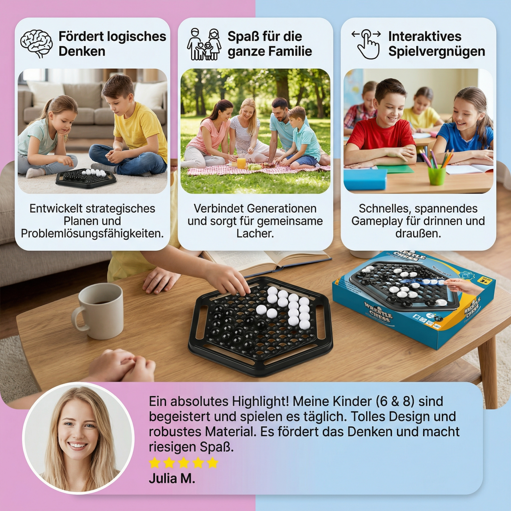 Interaktives Strategiespiel Push-Chess für Familien – Denk- und Logikspiel für Kinder