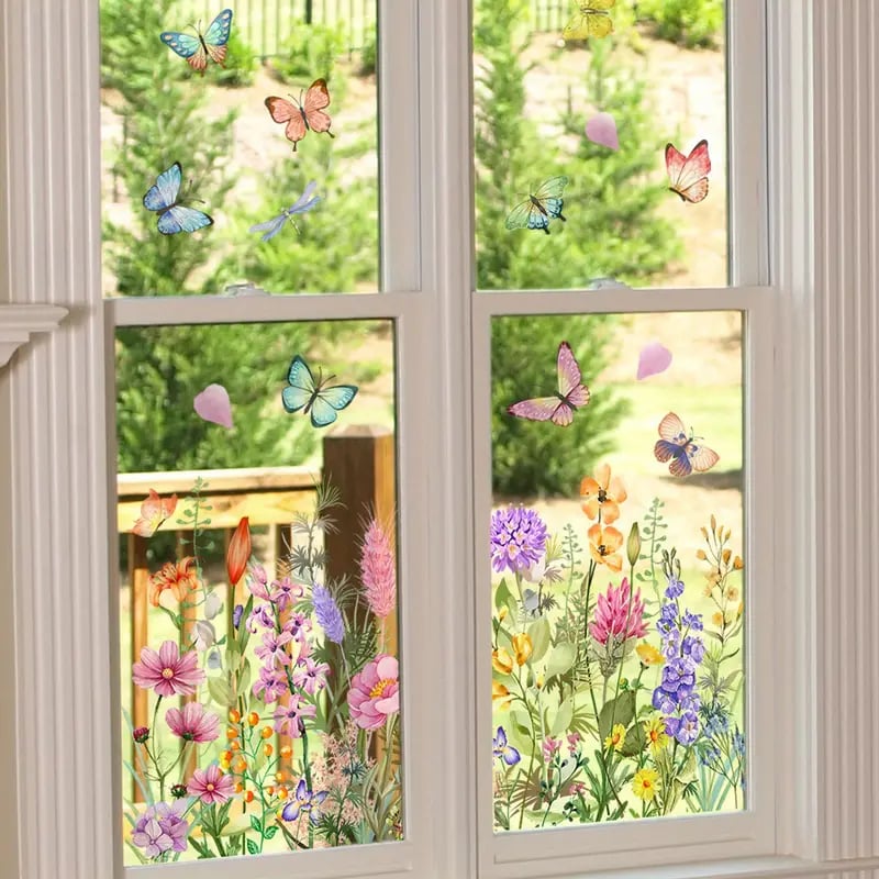 Bunte Fensteraufkleber mit Blumen- und Schmetterlingsmotiven